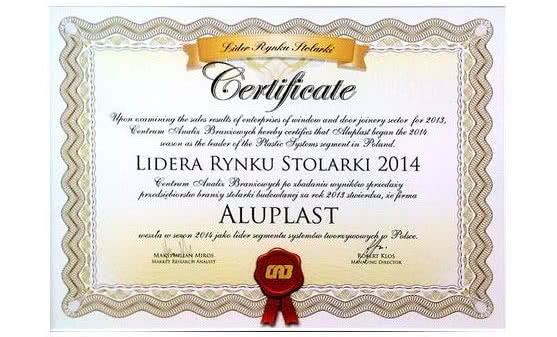 aluplast z tytułem Lidera Rynku Stolarki 2014